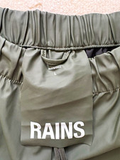 RAINS Men's Green Solid Rain Pants Size L Regular Elastic Waist Drawstring Logo