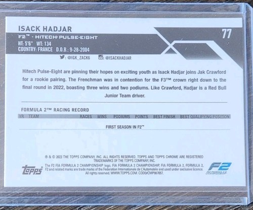 2023 Topps Chrome Sapphire Formula 1 Isack Hadjar GOLD PORTRAIT #40/50 #77 - Picture 2 of 2