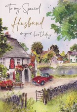HUSBAND BIRTHDAY GREETING CARD 9"X6" CAR OUTSIDE PUB DUCK POND  JONNY JAVELIN