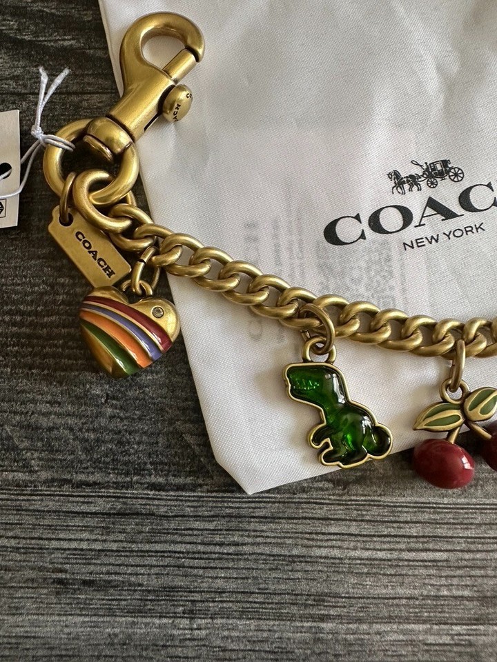 NWT Coach Motif Chain Bag Charm Rexy Tea Rose Cherries Heart Brass ...
