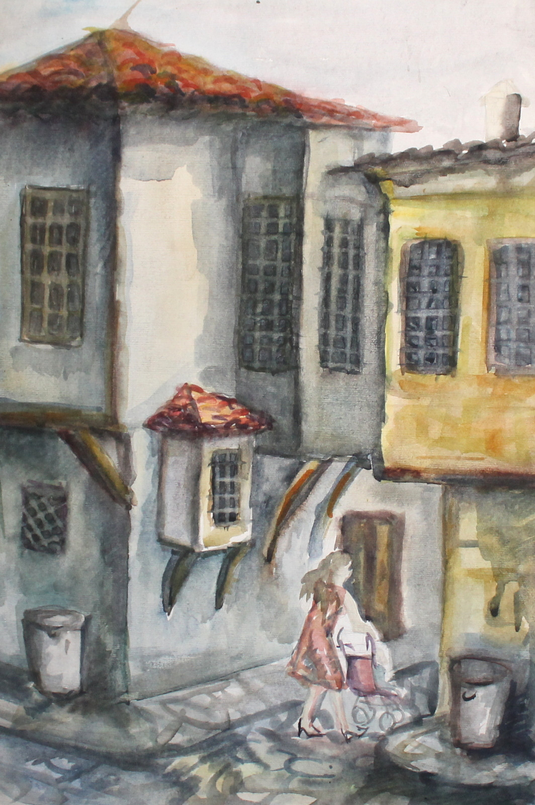 Vintage impressionist watercolor painting cityscape