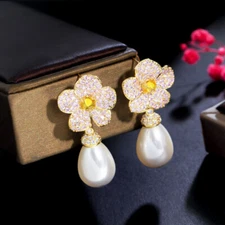Beauty Yellow Gold Plated CZ Long Flower Pearl Dangle Drop Earrings for Women