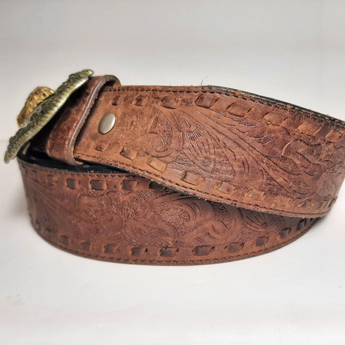 Nocona Western Belt Leather Tooled Floral Brown Size 38 Long Horn Bull Buckle - Picture 8 of 8