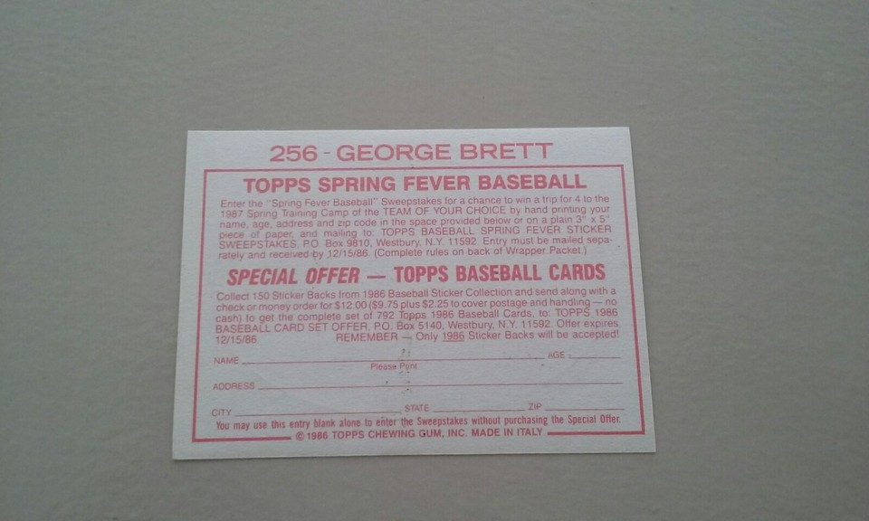 GEORGE BRETT 1986 TOPPS BASEBALL STICKER #256 | eBay