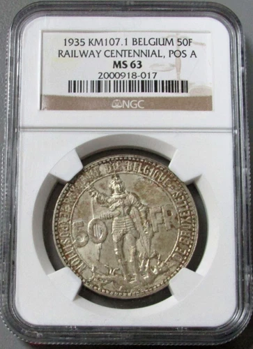 1935 SILVER BELGIUM 50 FRANKS RAILWAY CENTENNIAL NGC MINT STATE 63
