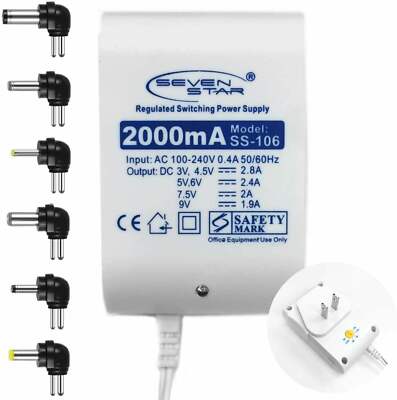 Universal AC/DC Adapter 2000mA (SS-106) w/ multiple connector ends by Seven Star
