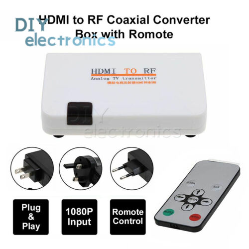 HDMI To RF HDMI Coaxial Converter Adapter Box Remote Control US EU UK Plug US - Afbeelding 1 van 12