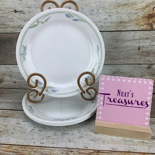Corelle By Corning BLUE WREATH White Blue Green Design Salad Plates USA Set 4