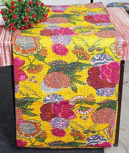 Indian hand stitched cotton floral fruit print kantha quilt gudari throw - Picture 10 of 50