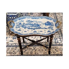Blue, White Porcelain Scallop Edge Chinoiserie Tray Table. Hand Painted-29"L