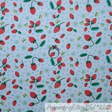 BonEful Fabric FQ Cotton Quilt White Green RED Fruit Strawberry Kitchen Flower S