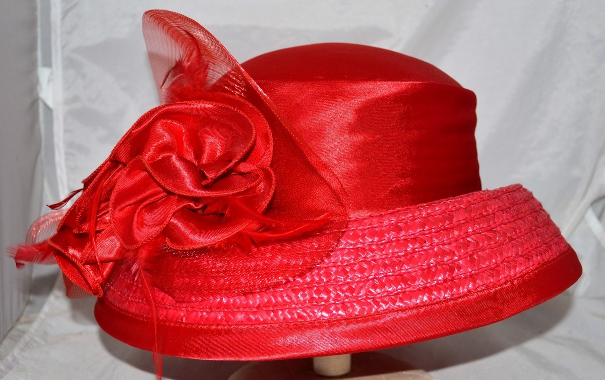 Red Straw Wide Down Brim Hat Flowers Net Feathers Satin Dome Adjustable Derby Red Straw Wide Curved Down Brim with Flowers Net & Feathers  main image 2