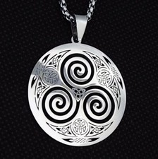 Steel Pagan Celtic Vortex Triskele Pendant Necklace with chain and Grey Pouch