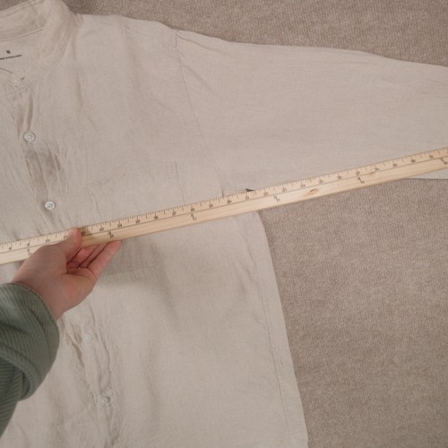 Muji Men's Long Sleeve 100% Linen Medium Tan/Oatmeal Band Collar Button Down - Picture 7 of 19