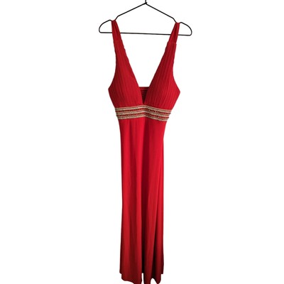 Lucas & Emma Womens Sz S Formal Maxi Dress Red Rhinestone Micro Pleat 