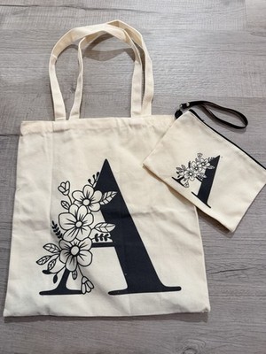 Floral Initial A Canvas Tote and Pouch Set - Black and Cream