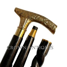 Victorian Brass Handle Walking Stick: Designer Spiral Wood Cane, Handmade Gifts.