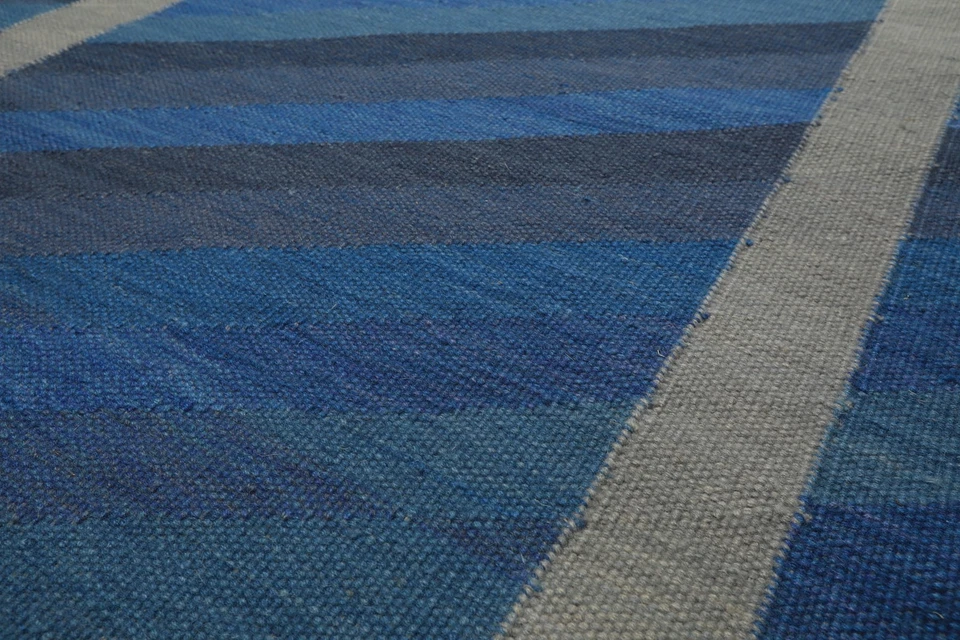 Tapete geométrico moderno e contemporâneo 8x10 tecido à mão lã tecido plano azul Kilim - Imagem 3 de 4