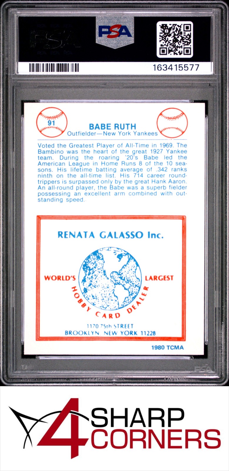 1980 TCMA RENATA GALASSO #91 BABE RUTH YANKEES HOF PSA 8 view 2