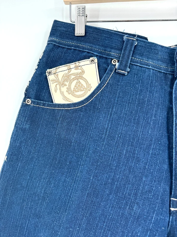 Pantalones de mezclilla azul crudo para hombre Y2K azul bordado dobladillo crudo pierna recta Foto 3 de 4