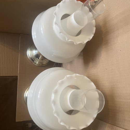 Pair Vintage Brass Finish Hurricane Lamps Milk Glass Shades 20” - Picture 6 of 6