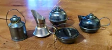 Vtg 5 Metal Christmas Ornaments Set Of 5 Made In Taiwan Teapot Milk Jug Pot