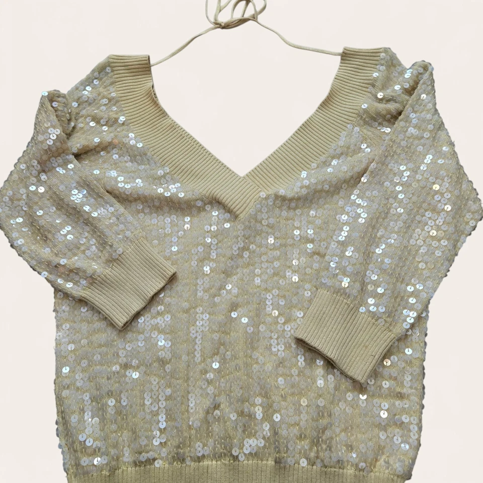 Suéter Y2K Bebe Seda Lentejuelas Amarillo Top Acanalado Cuello en V Talla S Foto 2 de 4
