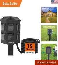 Outdoor Power Strip Weatherproof, 15 FT Extension Cord with Stake, 6 Grounded...