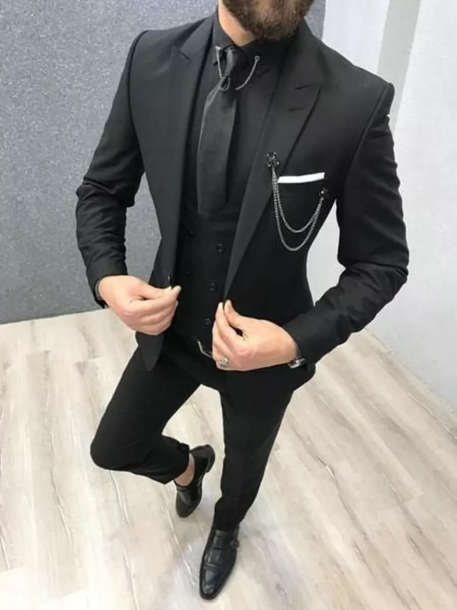 Men Black Suit 3 Pc Tuxedo Slim Fit Suit Wedding Christmas Party Wear Coat  Pants