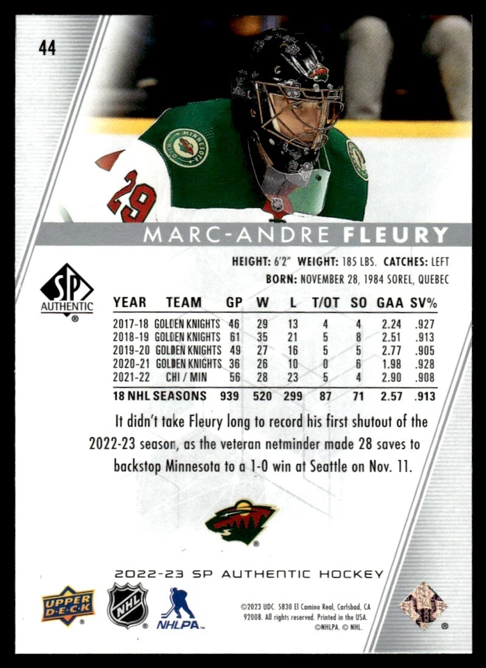 2022-23 SP Authentic Marc-Andre Fleury Minnesota Wild #44 - Image 2 of 2