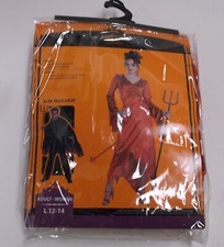 DEVIL LADY COSTUME, LONG RED DRESS, TAIL, RED HAIR, HORNS, SIZE L 12-14