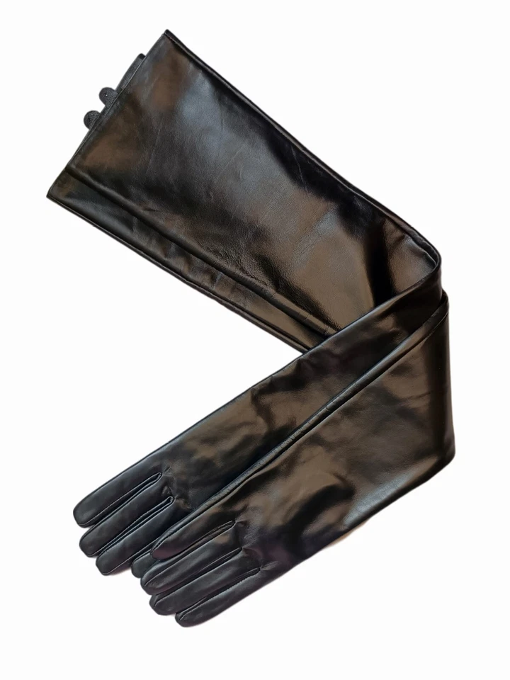 Guantes negros súper largos de cuero de oveja real para mujer Foto 3 de 4