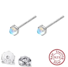 Round Moonstone Opal 925 Sterling silver Tiny stud post earrings 4mm Gift S4