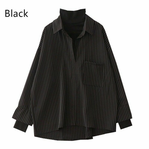 Women Stripe Shirt Blouse 2 In 1 Top Turtle Neck Gothic Harajuku Casua Loose - Picture 8 of 9