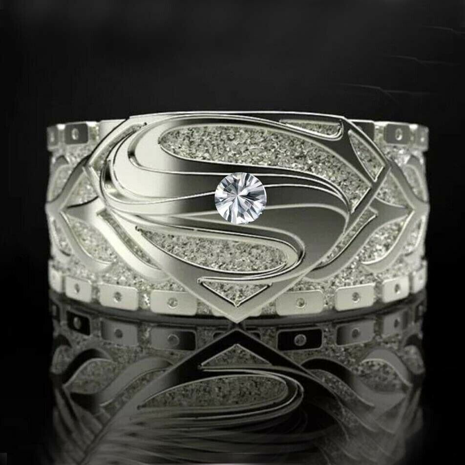 1.50 Ct Round Simulated Diamond Men's Superman S Ring in 14K White Gold Plated