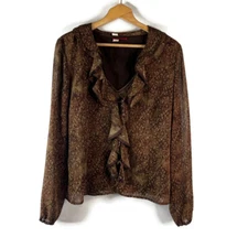 Tapemeasure Womens Y2K Blouse Shirt Top Size 14 Brown Green Floral Ruffle Sheer