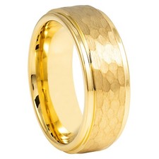 Tungsten Ring Yellow Gold Ion Plated Hammered Brushed Center 8mm Wedding Unisex