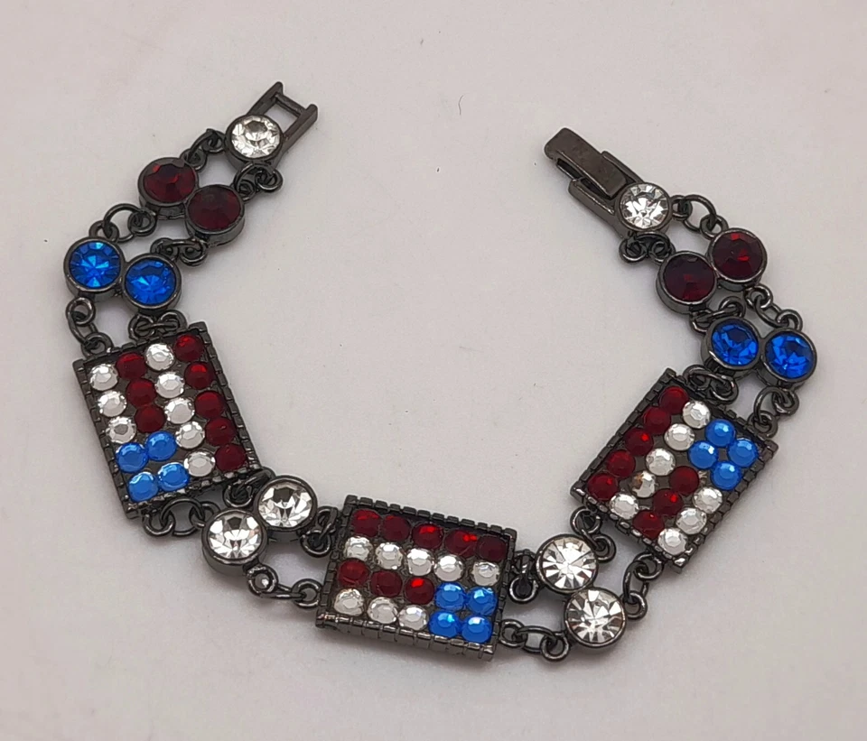 B001 American Flag color rhinestones black  chain fashion bracelet - Image 3 of 4