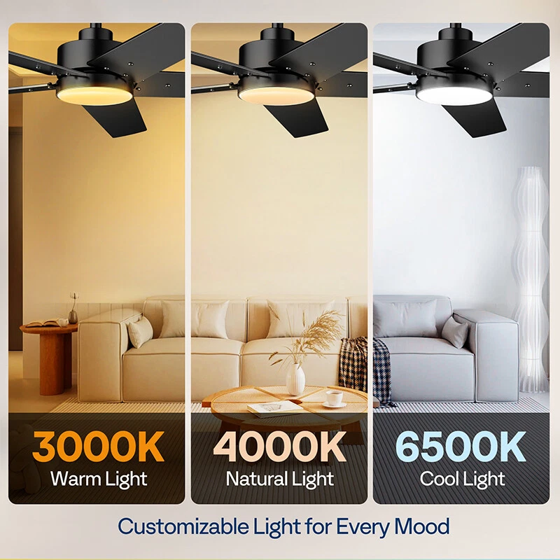 52 inch Black Ceiling Fan with Light & Remote 6+1 Speeds, 3CCT, Reversible Motor - Image 4 of 4