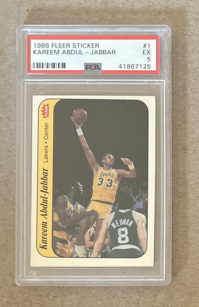 1986-87 Fleer Sticker Kareem Abdul Jabbar Los Angeles Lakers Card #1 PSA 5