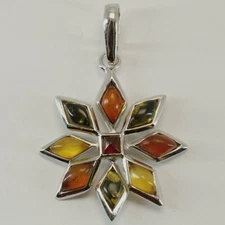 Natural, Multi-Color BALTIC AMBER Star Pendant, 925 STERLING SILVER Poland #34