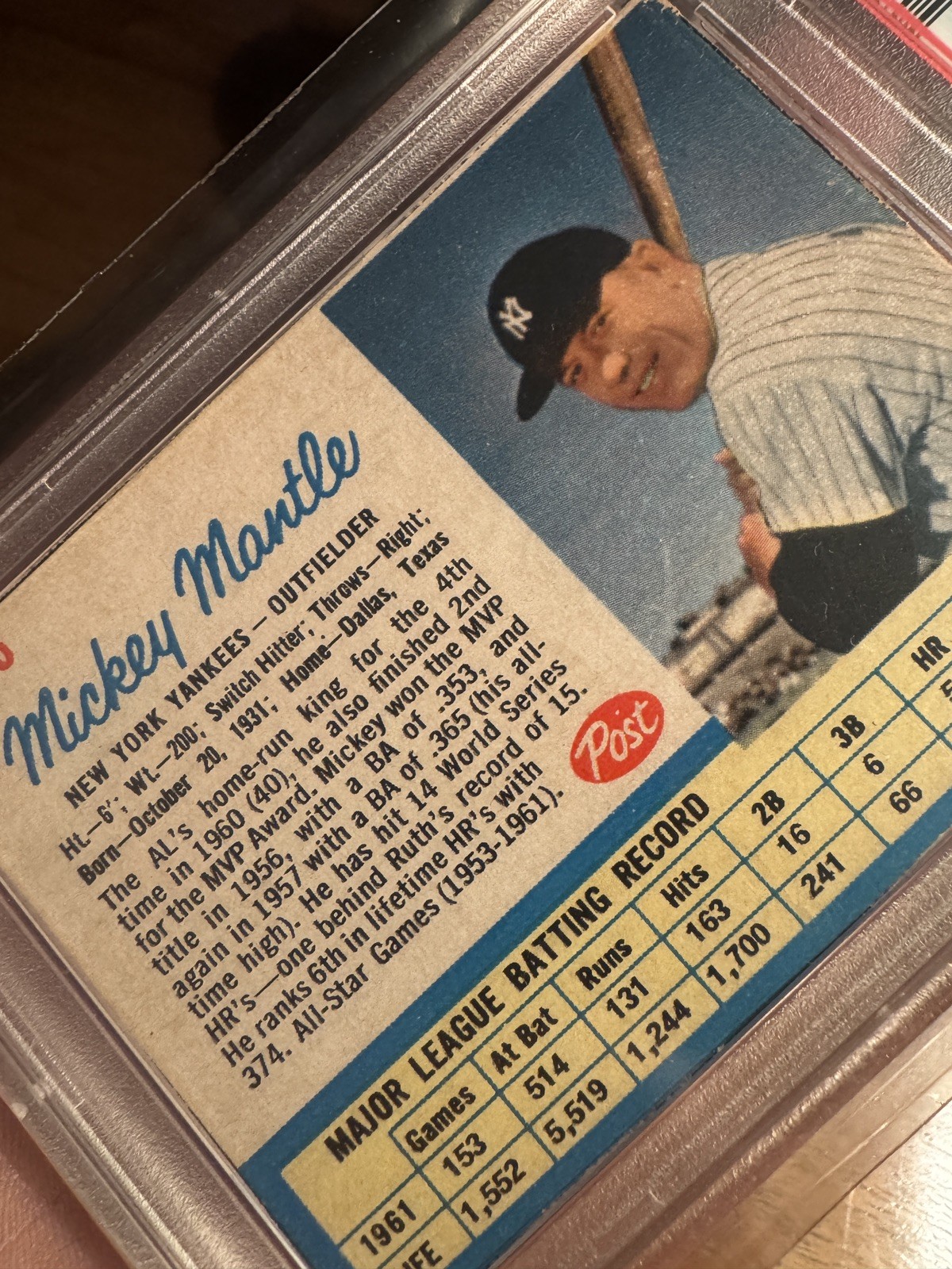 1962 POST CEREAL #5 MICKEY MANTLE PSA 2 HOF view 5