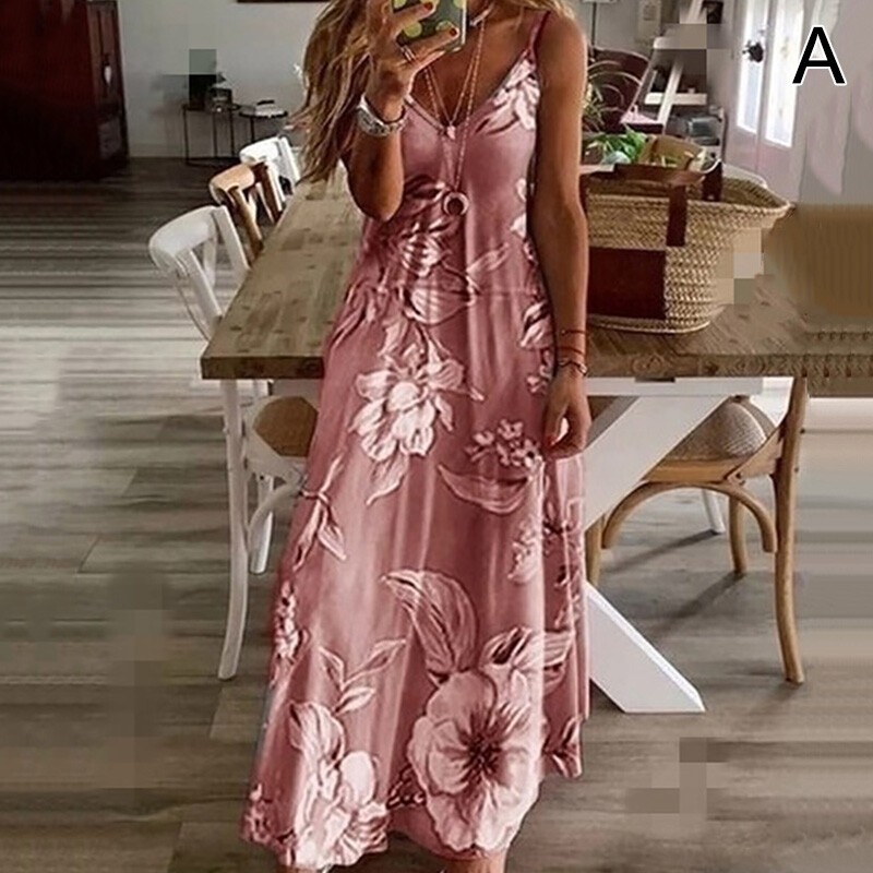 Women's strappy floral maxi dress ladies summer beach evening party boho dresses
