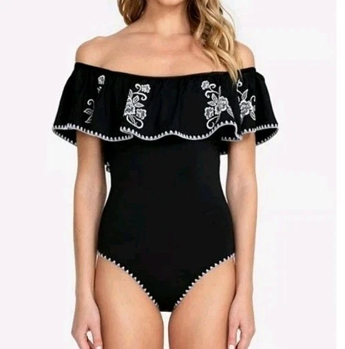 Traje de baño Johnny Was inalámbrico floral bordado fuera del hombro Sofía grande negro Foto 4 de 4