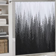 Misty Forest Pine Tree Shower Curtain, Black Grey Gradient Woodland Shower Cu...