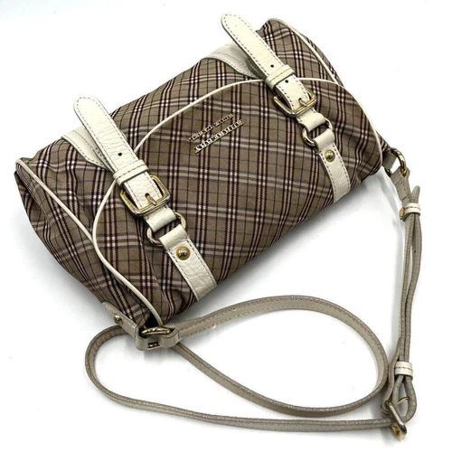 Burberry Blue Label Shoulder Bag Check Logo Beige Nylon Beige From Japan - Picture 9 of 24