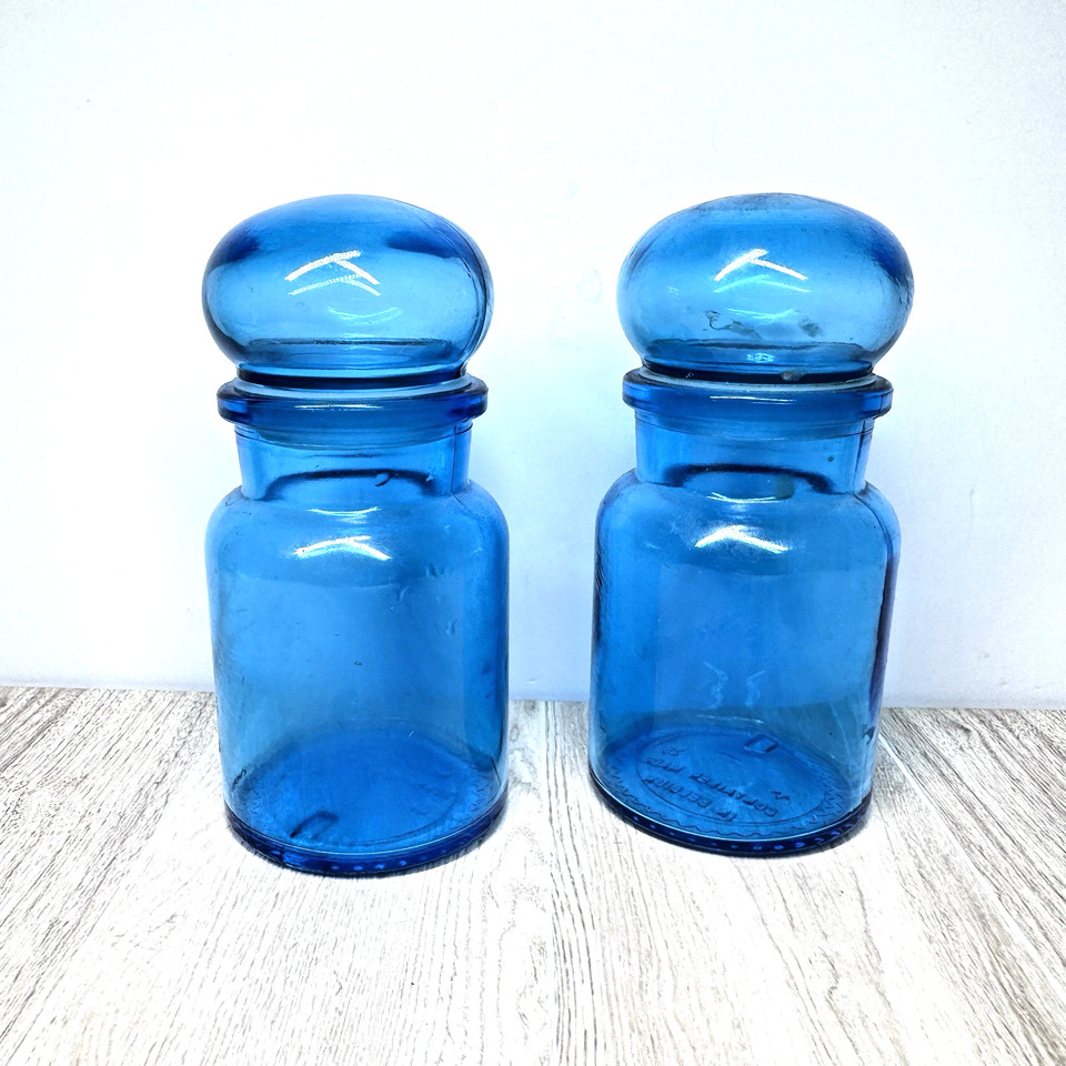 Vintage Cobalt Blue Apothecary Glass Bottles Set Belgium 5.5” Vanity Decor
