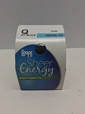 1 L'eggs Sheer Energy Control Top Sheer Toe Pantyhose JET BLACK Size Q New