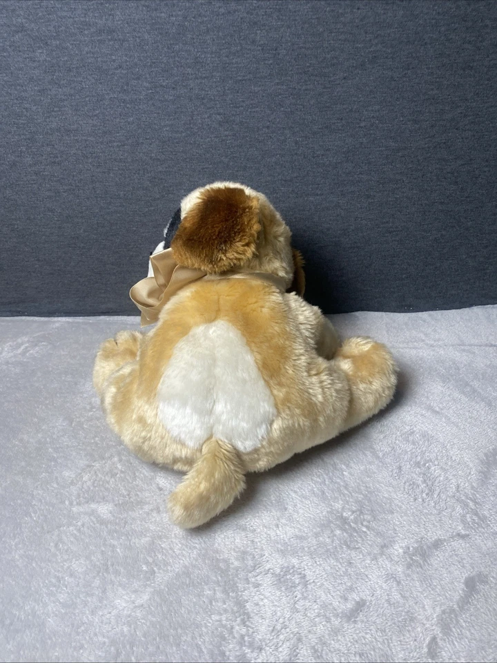 Vintage St Bernard Dog Plush Puppy Satin Bow Sitting 13” Head Turned Toy Lovey - Image 3 of 4