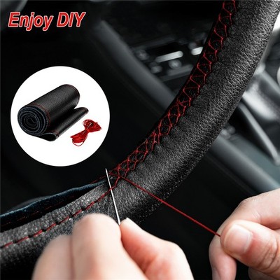 GENUINE LEATHER DIY CAR STEERING WHEEL COVER BREATHABLE NON-SLIP W/NEEDLE THREAD